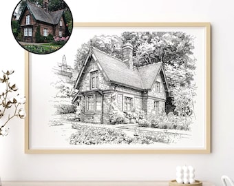 Custom House Portrait Matte Horizontal Poster | Watercolor mansion Sketch