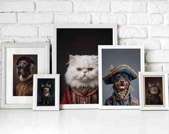 May include: A collection of framed animal portraits, including a Great Dane, a Chihuahua, a Persian cat, a Rottweiler, and a tabby cat. Each animal is dressed in Renaissance-style clothing, set against a white brick wall.