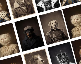 May include: A collection of sepia-toned portraits of various animals, including dogs and cats, dressed in regal attire. The animals are depicted in vintage-style clothing, such as aviator jackets, military uniforms, and royal robes, with some wearing crowns.