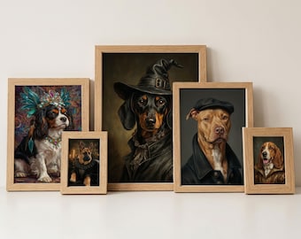 May include: A collection of framed dog portraits in various breeds, each dressed in unique attire. The portraits are in wooden frames and feature dogs in costumes such as a witch hat, a newsboy cap, and a jeweled crown. The dogs' portraits are set against a neutral background.