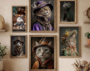 May include: A collection of framed cat portraits, each depicting a feline in whimsical wizard or witch attire. The cats wear hats, robes, and other fantasy-themed clothing, set against a neutral background. The frames are wooden.