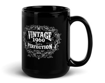 1960 Born 64th Birthday Gift Mug for Him or Her - 64 Years Old Coffee Mug in Black and Gold Design - Perfect for Men and Women