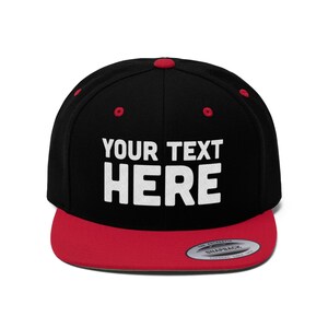 Custom snapback Custom Flat Bill Hat, Snapback Cap, Custom TEXT Embroidered Hat, Personalized Hat Personalized Snapback Hat Your Text Here Black/True Red