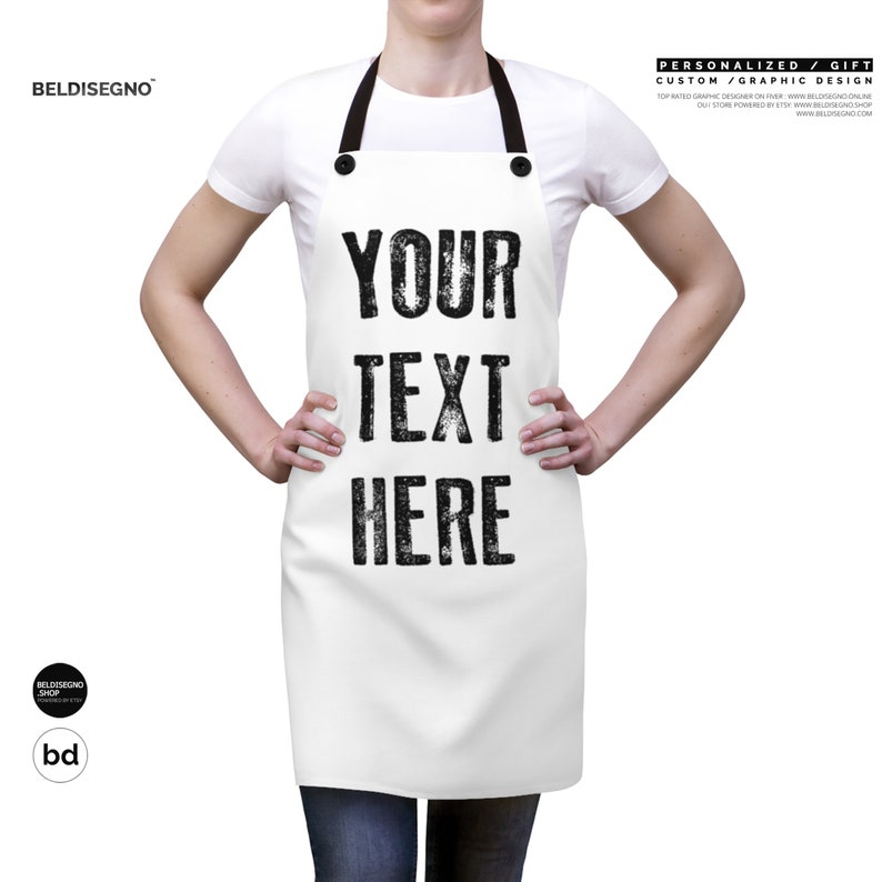 a woman wearing an apron with the words your text here on it