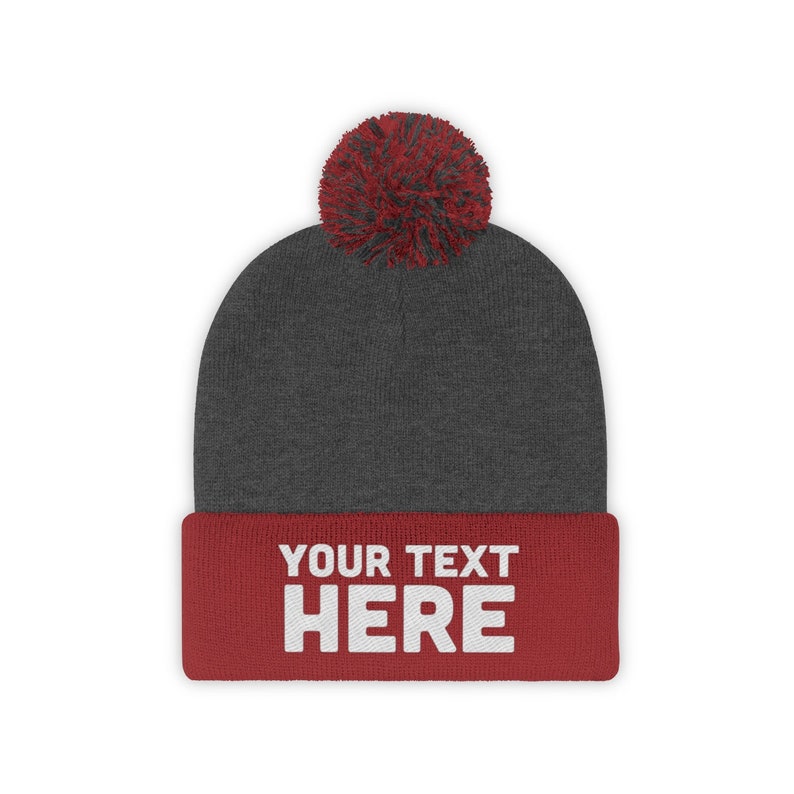 Custom Pom Pom Beanie Pom Pom Beanies for Men and Women / Custom Embroidered Pom Pom Beanie self gift Red/Graphite Heather