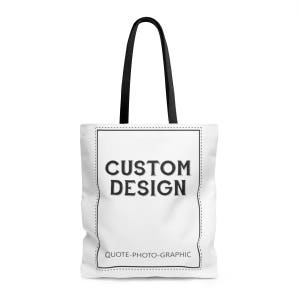 a white tote bag with the words custom design printed on it