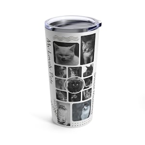 a stainless steel tumbler with a collage of cats on it