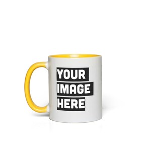 Custom Ceramic mug, Personalized Mug, Accent coffee mug, photo mug self gift White with Yellow Accents