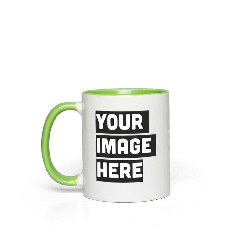 Custom Ceramic mug, Personalized Mug, Accent coffee mug, photo mug self gift White with Green Accents