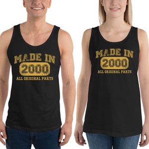 a man and woman wearing made in 2000 tank tops