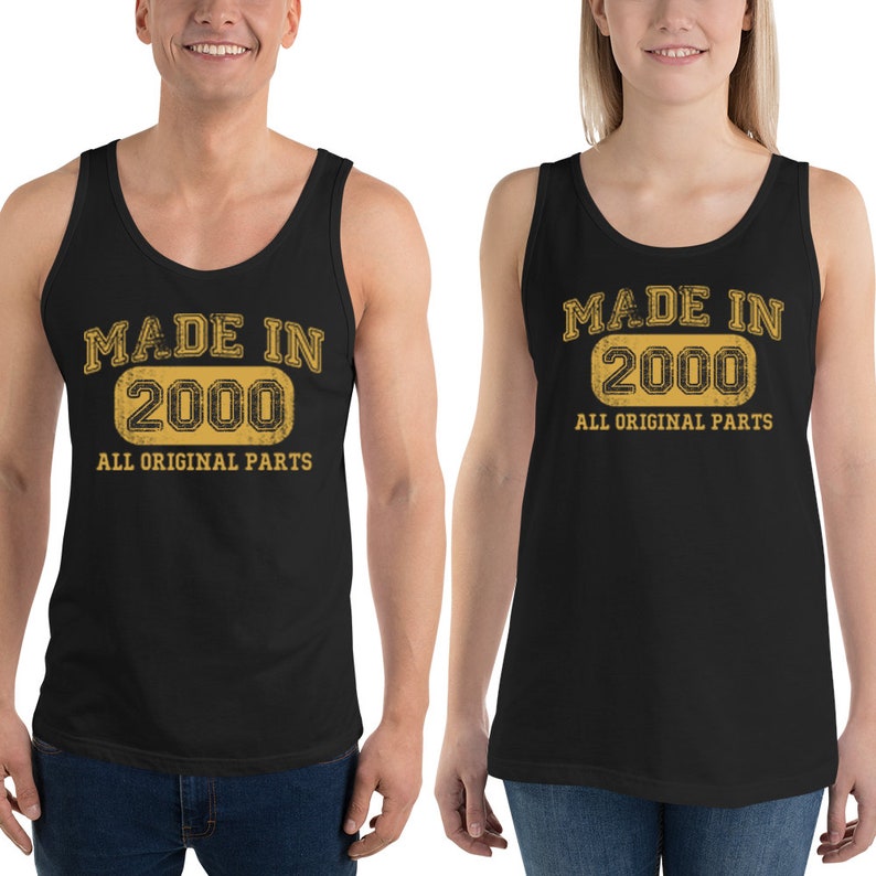 a man and woman wearing made in 2000 tank tops