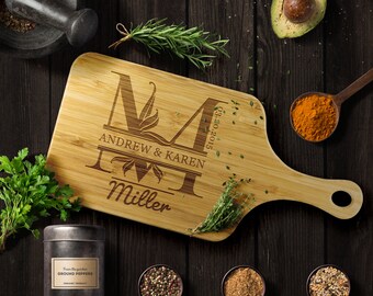 May include: Personalized bamboo cutting board with a decorative engraved initial "M" and the text "Andrew & Karen Miller 03.30.2015".