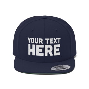 Custom snapback Custom Flat Bill Hat, Snapback Cap, Custom TEXT Embroidered Hat, Personalized Hat Personalized Snapback Hat Your Text Here True Navy