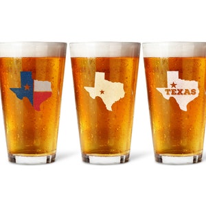 three glasses of beer with the state of texas on them