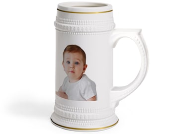 Personalized Photo Beer Stein: Ceramic Mug with Gold Trim