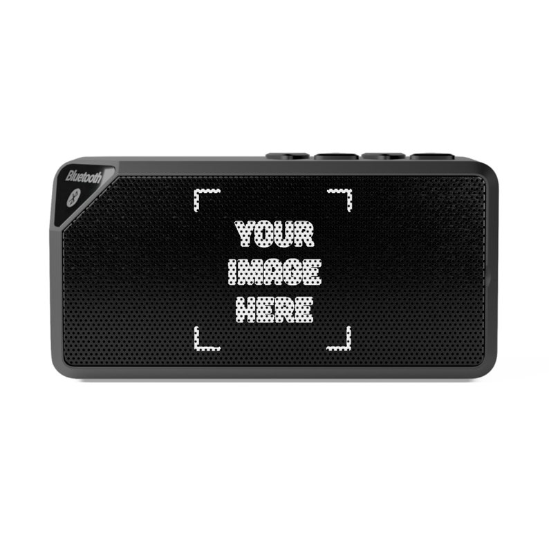 a black speaker with a message on it