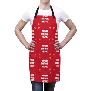 a woman wearing a red apron with your name on it