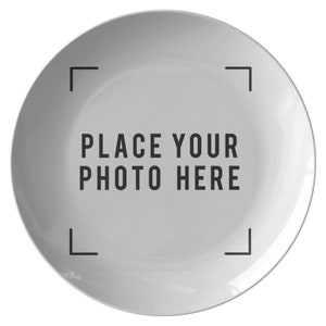 a white plate with the words place your photo here