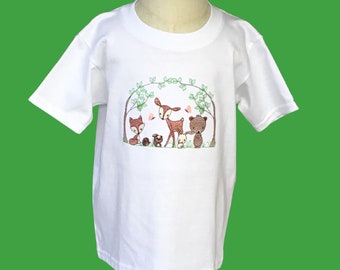 Boys or girls white tee shirt embroidered with adorable woodland creatures.
