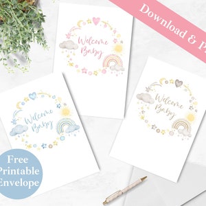 Willkommen Baby Mädchen Junge druckbare Grußkarte und Umschlag Set | SOFORTIGER DOWNLOAD PDF | Herzlichen Glückwunsch New Mom Dad Digital Card Template |