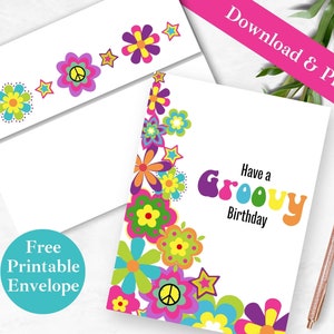 Hippie Happy Birthday druckbare Grußkarte und Umschlag | SOFORTIGER DOWNLOAD PDF | Regenbogen Retro Mädchen 60er 70er Digitale Vorlage Geschenk