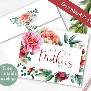 Tarjeta de felicitación y sobre imprimibles del Día de las Madres Florales / DESCARGA INSTANTE PDF / Plantilla de tarjeta digital Peony Bouquet para la nueva mamá abuela /