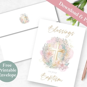 Cartão de felicitações para impressão, batismo para menina, download instantâneo, cartão digital religioso e modelo de envelope, cartão de batismo, cruz rosa para ela