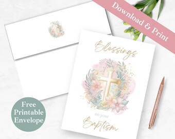 Greeting Card Printable Baptism for Girl INSTANT DOWNLOAD Religious Digital Card and Envelope Template Christening Card Pink Cross for Her