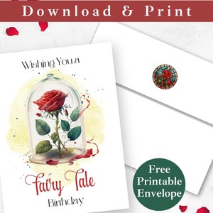 Beauty and the Beast Printable Birthday Greeting Card with Envelope INSTANT DOWNLOAD Enchanted Rose Happy Birthday Digital Card Template
