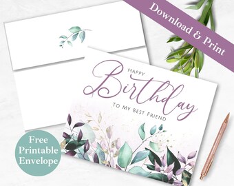 Birthday Card Printable For Best Friend, Greeting Card and Envelope | INSTANT DOWNLOAD PDF | Happy Bday Digital Card Template for Bestie |