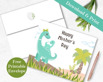 Dino Mothers Day Card from Son, Printable Greeting Card and Envelope | INSTANT DOWNLOAD PDF | Mama Dinosaur Digital Card Template for Mommy