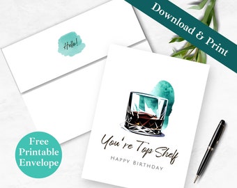 Whiskey Birthday Printable Greeting Card and Envelope | INSTANT DOWNLOAD | Happy Bday Digital Card Template Gift for Him | Alcohol Birthday