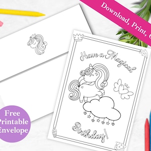 Cartão e envelope para colorir de feliz aniversário de unicórnio para impressão | BAIXAR PDF INSTANTÂNEO | Faça você mesmo, pinte seu próprio modelo digital para crianças |
