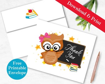 Teacher Appreciation Printable Greeting Card and Envelope | INSTANT DOWNLOAD Owl Thank you for Being the Best Teacher Digital Card Template