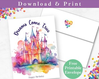 Magical Kingdom Printable Birthday Greeting Card with Envelope INSTANT DOWNLOAD Girl Princess Castle Happy Birthday Digital Card Template