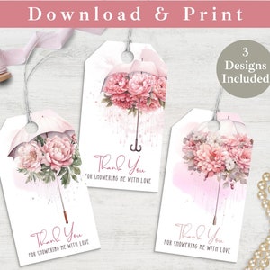 Printable Bridal Shower Favor Tag, Pink Bridal Shower Gift Tag INSTANT DOWNLOAD Shower Umbrella Digital Tag Template, Thank You Shower Label