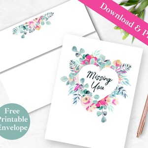 Mi manchi Biglietto d'auguri stampabile e busta / DOWNLOAD IMMEDIATO PDF / Modello di biglietto digitale floreale a lunga distanza per mancanza di te per un amico /