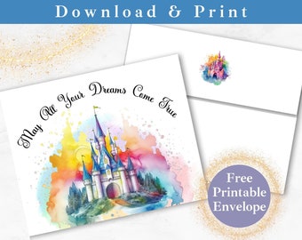 Magical Kingdom Printable Birthday Greeting Card with Envelope INSTANT DOWNLOAD Girl Princess Castle Happy Birthday Digital Card Template