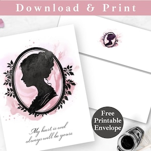 Sentido y sensibilidad Tarjeta de felicitación imprimible con sobre DESCARGA INSTANTE Jane Austen I Love You Card Anniversary Plantilla de tarjeta digital