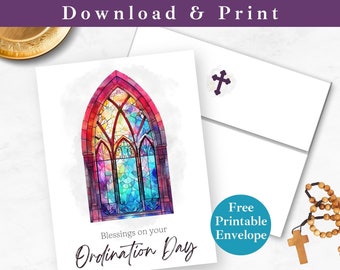 Printable Ordination Greeting Card with Envelope INSTANT DOWNLOAD PDF Religious Stained Glass Digital Card Template, Catholic Priest Card