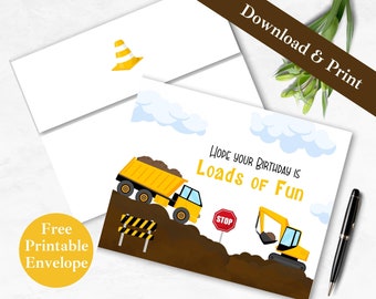 Construction Birthday Printable Greeting Card and Envelope | INSTANT DOWNLOAD PDF | Dump Truck Card, Digger Digital Card Template for Boy |