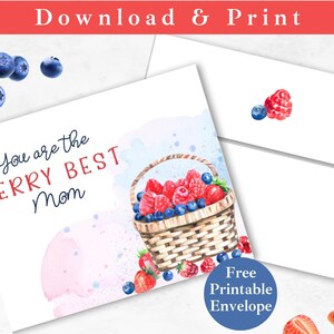 Biglietto d'auguri stampabile per la festa della mamma con busta DOWNLOAD IMMEDIATO PDF Modello per biglietto digitale Berry Best Mom Biglietto divertente per la festa della mamma del figlio