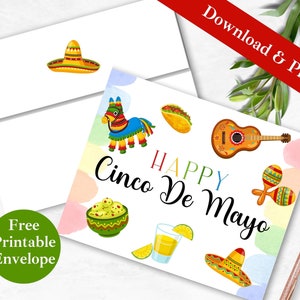Cartão e envelope imprimíveis de Cinco de Mayo | BAIXAR PDF INSTANTÂNEO | Festa mexicana, modelo de cartão digital do Sombrero da Tequila de <br> Lista de Desejos Crie Seu Próprio Produto!