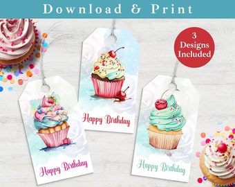 Printable Gift Tag Birthday, Cupcake Happy Birthday Favor Tag INSTANT DOWNLOAD PDF Sprinkles Digital Tag Template, Cute Birthday Gift Labels