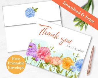Thank You Printable Greeting Card and Envelope | INSTANT DOWNLOAD PDF | Floral Thank you For Everything Digital Card Template for Her |