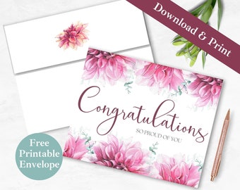 Congratulations Printable Greeting Card and Envelope | INSTANT DOWNLOAD PDF | Congrats Graduation Digital Card Template, So Proud of You |