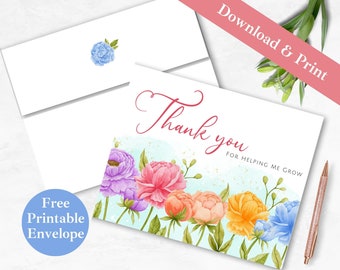 Teacher Appreciation Printable Greeting Card and Envelope | INSTANT DOWNLOAD PDF | Thank you For Helping Me Grow Digital Card Template |