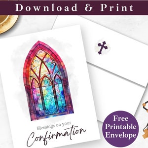 Druckbare Konfirmationskarte mit Umschlag SOFORTIGER DOWNLOAD PDF Religiöse Digitale Kartenvorlage, Katholische Buntglaskarte für Ihn