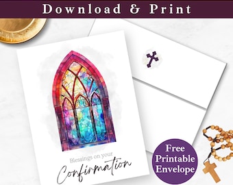 Printable Confirmation Greeting Card with Envelope INSTANT DOWNLOAD PDF Religious Digital Card Template, Catholic Stained Glass Card for Him