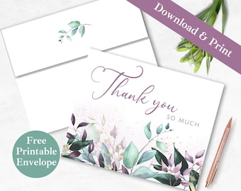 Thank You Printable Greeting Card and Envelope for Wife | INSTANT DOWNLOAD PDF | Floral Thank you So Much Digital Card Template for Mother |